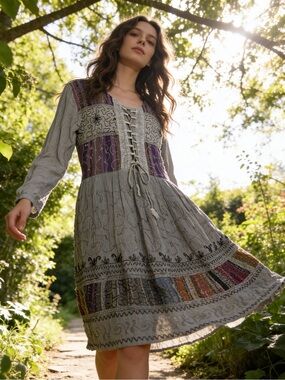 Tea Green Stonewashed Viscose Embroidered Dress MADE IN INDIA